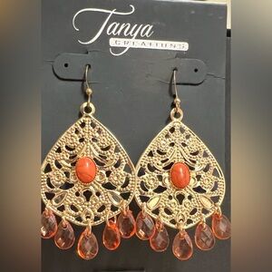 🆕 Gold and Orange Filigree Teardrop Earrings